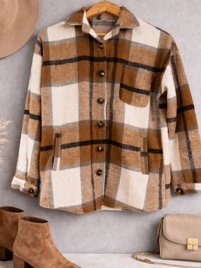 Womens Brown Cream Plaid Shacket Jacket Button Front Pocket Cozy Fall Winter S